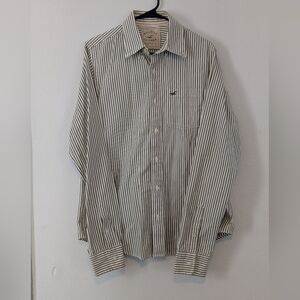 Hollister Men's Olive Green and White Striped Shirt
